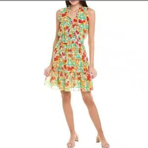 Cabi Womens Sleeveless Floral Print Dress With Ruffle V-Neck & Smocked Waist M
